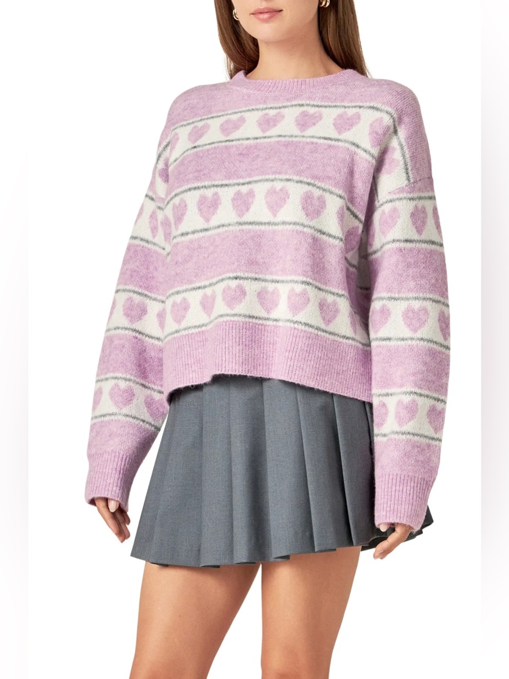 English Factory Heart Stripe Crewneck Sweater Large Lavender Purple Preppy Fall